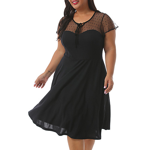 

Women's A Line Dress Knee Length Dress Black Short Sleeve Solid Color Mesh Patchwork Summer Round Neck Sexy 2021 3XL 4XL 5XL 6XL 7XL 8XL / Plus Size