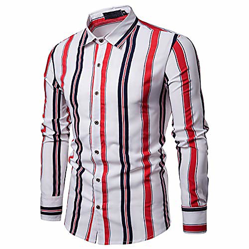 

men's vertical striped button down long sleeve dress shirts casual regular fit check shirt (l, white)