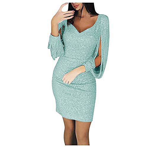 

kangma sparkly glitzy sequin tassel long sleeve sequin bodycon evening party cocktail dresses for women (2,light green)