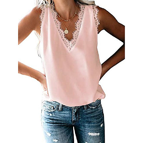 

womens sexy v neck sleeveless lace trim strappy cami tank tops casual loose flowy summer tunic blouse shirts pink x-large