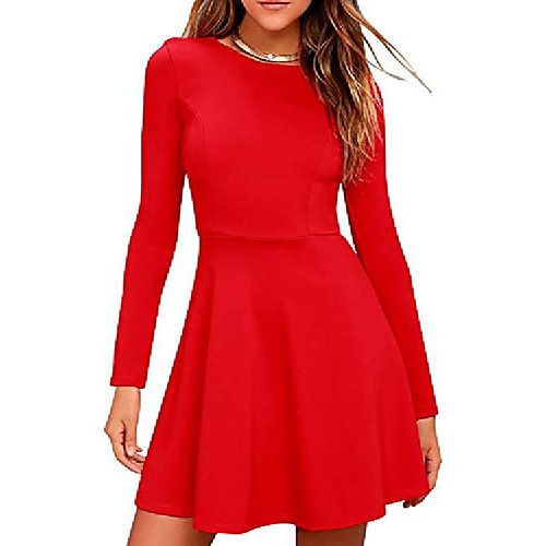 

womens long sleeve casual slim fit dress a-line simple dress medium length skirt red
