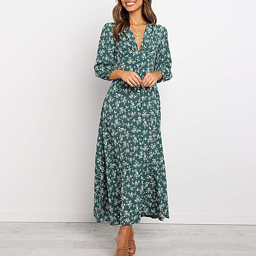 

Women's Sheath Dress Maxi long Dress Green Navy Blue 3/4 Length Sleeve Floral Split Print Summer V Neck Casual 2021 S M L XL