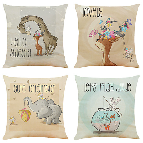 

Set of 4 Simple And Cute Animal Linen Square Decorative Throw Pillow Cases Sofa Cushion Covers 18x18