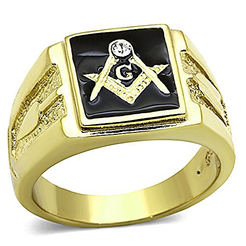 

men's stainless steel 14k gold ion plated crystal masonic lodge freemason ring size 12