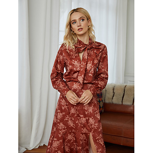 

Women's Blouse Shirt Floral Leaf Flower Long Sleeve Bow Choker Tops Elegant Vintage Basic Top Red