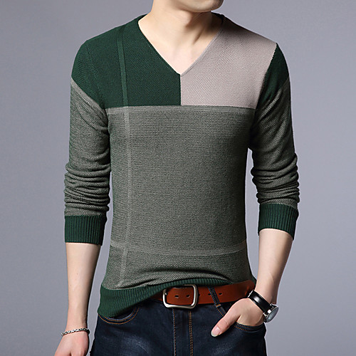 

Men's Basic Knitted Color Block Pullover Long Sleeve Sweater Cardigans V Neck Winter Yellow Green