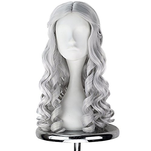 

synthetic long curly center part women white blonde platinum color queen halloween cosplay costume wig adult kids (grey)