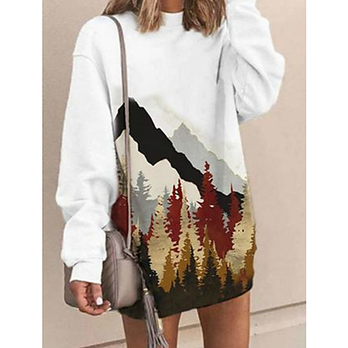 

Women's T Shirt Dress Tee Dress Short Mini Dress White Black Green Light Blue Long Sleeve Print Print Fall Round Neck Casual 2021 S M L XL XXL 3XL