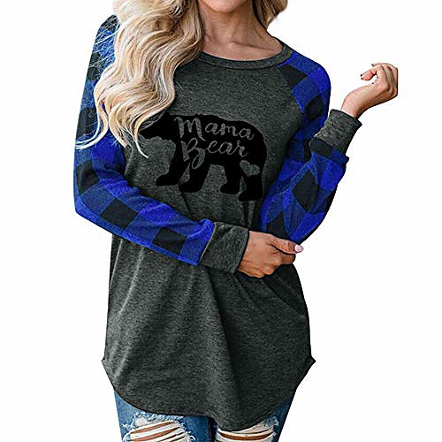 

womens casual plaid long sleeve letter print mama bear print shirt tops blouse t-shirts (s, blue)