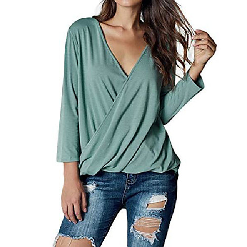 

womens v neck wrap 3/4 sleeve blouse casual solid front irregular twist hem shirt tops