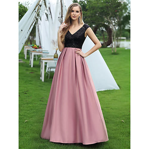 

A-Line Color Block Vintage Prom Formal Evening Dress V Neck Sleeveless Floor Length Satin Sequined with Sequin 2021