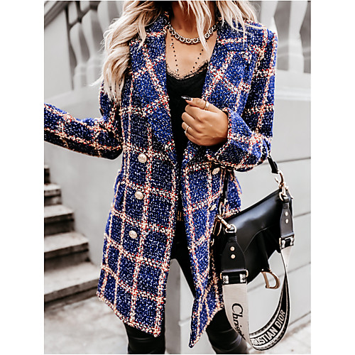 

Women's Houndstooth Patchwork Streetwear Fall & Winter Pea Coat Regular Work Long Sleeve Cotton Blend Coat Tops White