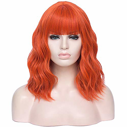 

short orange bob wig with bangs 14'' women's pastel curly wavy shoulder length hair wig for girls with cap