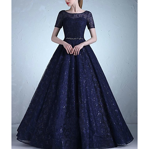

A-Line Beautiful Back Elegant Prom Formal Evening Dress Jewel Neck Short Sleeve Floor Length Lace with Sash / Ribbon Crystals 2021