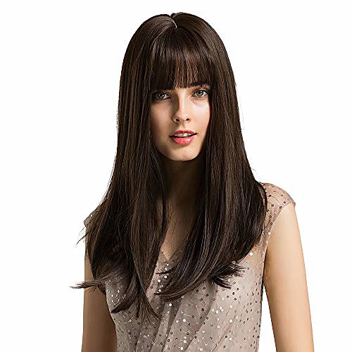 

long dark brown wig for women - 20 inch natural straight hair middle part with air bang long synthetic wigs , party cosplay daily use