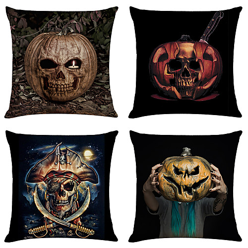 

Set of 4 Pumpkin Halloween Linen Square Decorative Throw Pillow Cases Sofa Cushion Covers 18x18