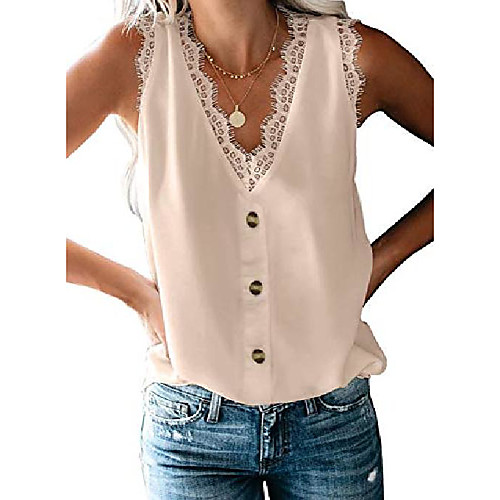 

women v neck lace strappy cami tank tops casual loose button sleeveless shirts blouses apricot xl