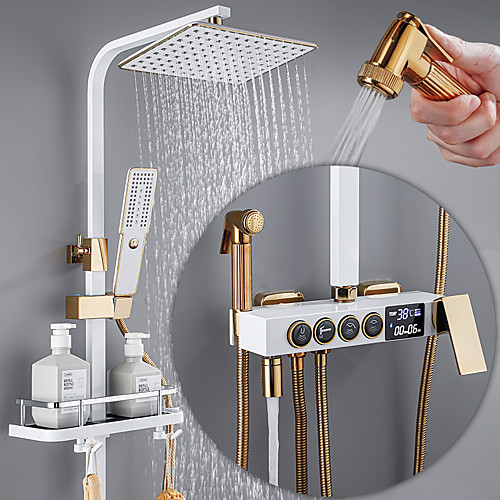 

Shower System / Rainfall Shower Head System / Thermostatic Mixer valve Set - Handshower Included pullout Rainfall Shower Contemporary Electroplated Mount Outside Ceramic Valve Bath Shower Mixer Taps