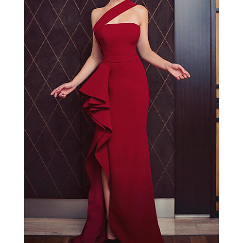 

Sheath / Column Minimalist Sexy Wedding Guest Formal Evening Dress One Shoulder Sleeveless Asymmetrical Satin with Ruffles Split 2021