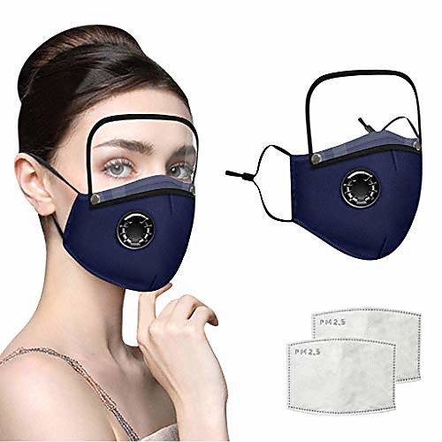 

reusable bandanas covers with eyes shield removable, adult men women cotton facr masl with filter pocket, free 2 sheets carbon filters (navy)