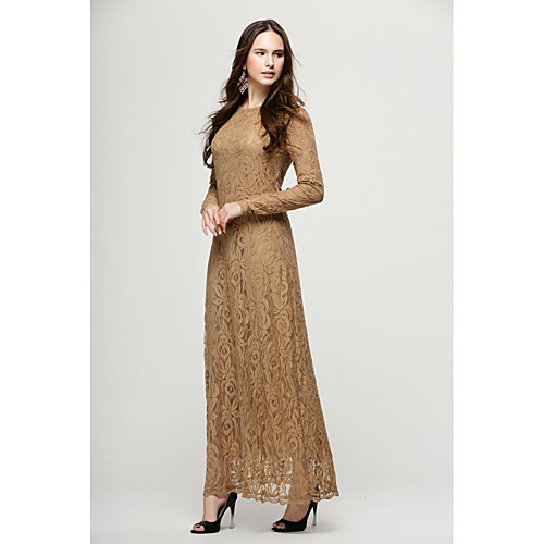 

Women's Sheath Dress Maxi long Dress Black Red Blushing Pink Green Brown Long Sleeve Solid Color Lace Fall Round Neck Casual 2021 M L XL XXL
