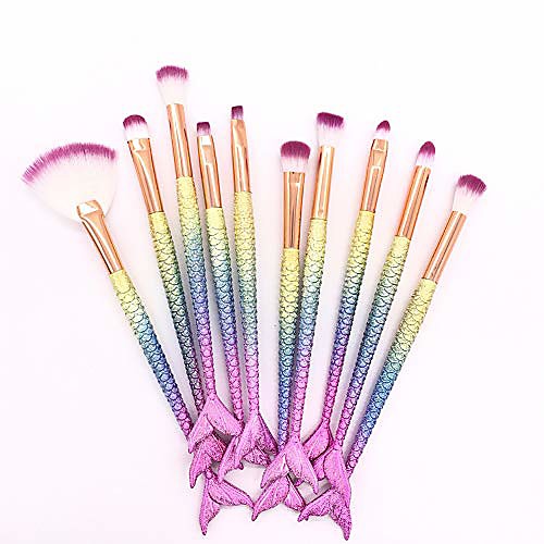 

mermaid makeup brushes kit 10 piece blending eye contour cosmetic beauty tools eyebrow lip fluffy soft mini fiber head face multifunction vegan kabuki professional portable,goldgradient