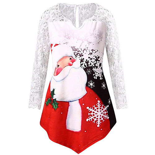 

Women's Blouse Shirt Snowflake Long Sleeve Lace Patchwork Print V Neck Tops Christmas Basic Top Purple Red Green