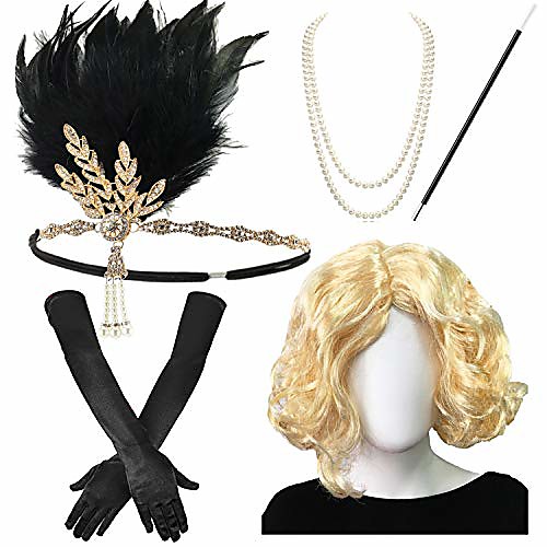 

1920s wig for womens - roaring 20's wig,flapper headpiece,great gatsby beads, long satin glove,long cigarette holder,br-2