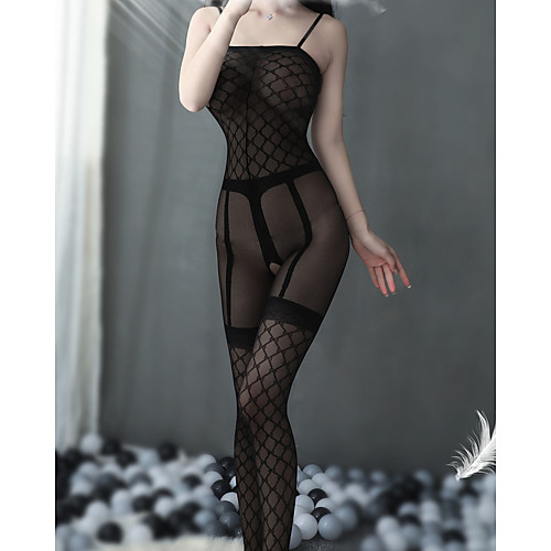 

Women's Lace Mesh Suits Bodysuits Nightwear Solid Colored Black S M L
