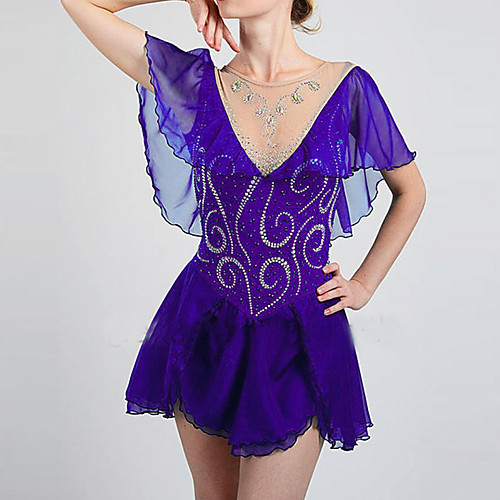 

Figure Skating Dress Women's Girls' Ice Skating Dress Purple Burgundy Blue Ruffle Spandex High Elasticity Training Competition Skating Wear Solid Color Crystal / Rhinestone Short Sleeve Ice Skating