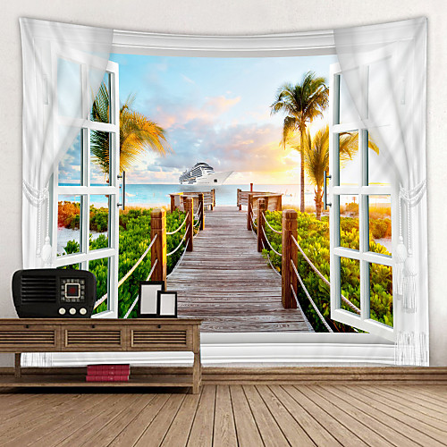 

Window Landscape Wall Tapestry Art Decor Blanket Curtain Picnic Tablecloth Hanging Home Bedroom Living Room Dorm Decoration Polyester Sea Ocean Beach Palm Pier