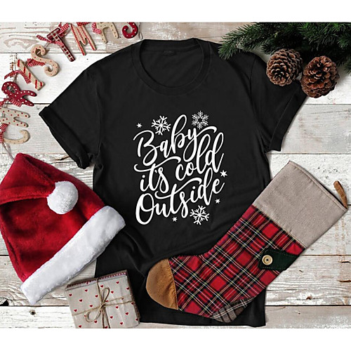 

Women's Christmas T shirt Graphic Graphic Prints Letter Print Round Neck Tops 100% Cotton Basic Christmas Basic Top Black Red