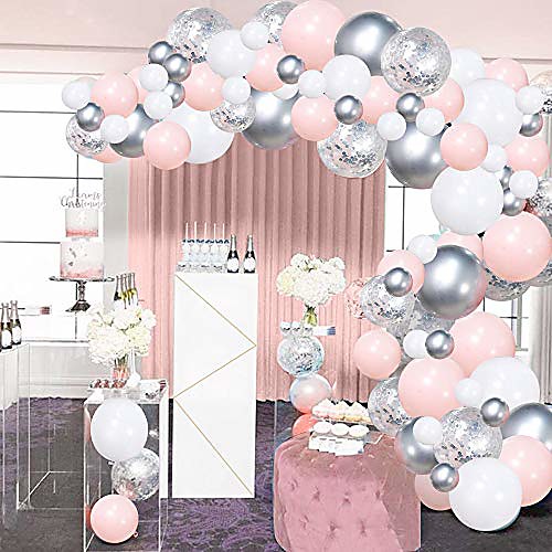 

silver pink balloons garland kit, 100pcs white and silver confetti metallic latex balloons arch with 16ft tape strip & dot glue for girl baby shower, birthday party, wedding, anniversary