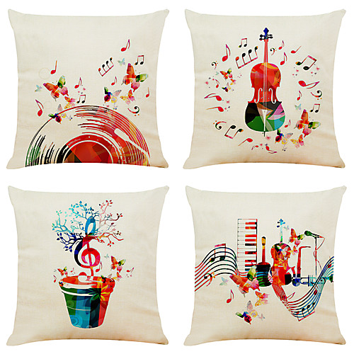 

Set of 4 Colorful Music Linen Square Decorative Throw Pillow Cases Sofa Cushion Covers 18x18