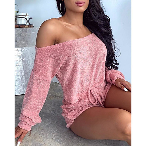 

Women's One Piece Solid Colored Home Two Piece Set Off Shoulder Bodysuit Loungewear Jacquard Tops