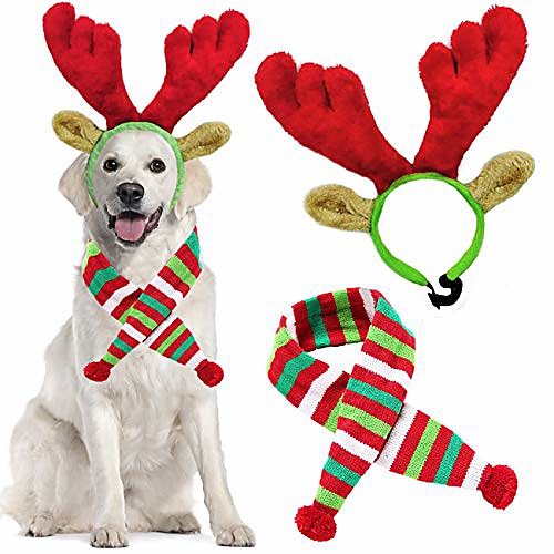 

christmas holiday elk reindeer antlers with ears and red-white-green striped scarf set, dog costumes accessories, for dogs puppies cats pet (large)