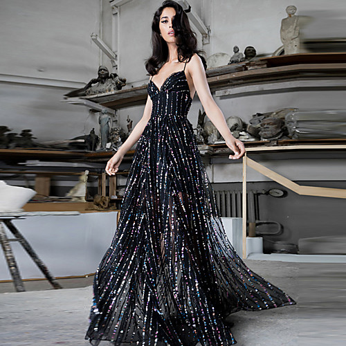 

Women's Strap Dress Maxi long Dress Black Sleeveless Striped Sequins Mesh Fall V Neck Elegant Party Slim 2021 S M L XL