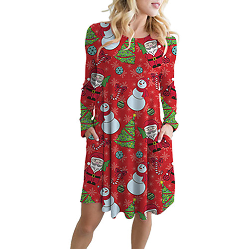 

Women's A Line Dress Short Mini Dress Black Blue Red Green Navy Blue Long Sleeve Print Patchwork Print Fall Spring Round Neck Elegant Christmas 2021 S M L XL