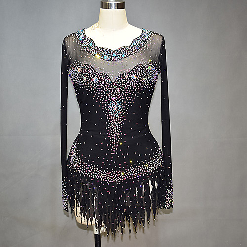 

Figure Skating Dress Women's Girls' Ice Skating Dress Black Spandex High Elasticity Training Competition Skating Wear Solid Color Crystal / Rhinestone Long Sleeve Ice Skating Winter Sports Figure