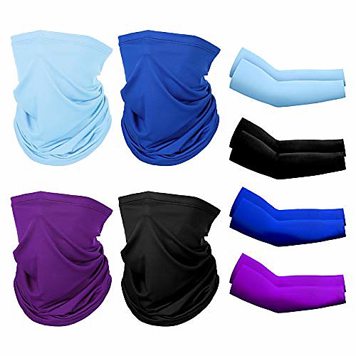

8 pack summer uv protection face cover neck gaiter scarf and ice silk cooling arm sleeves (black, light blue, purple, dark blue)