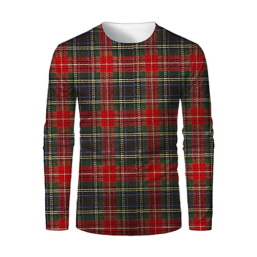 

Men's T shirt 3D Print Plaid Graphic 3D Print Long Sleeve Christmas Tops Red