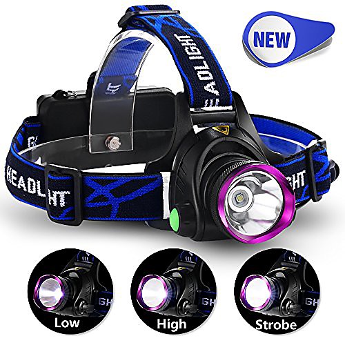 

3 modes led headlight headlamp, hands-free flashlight , fits head , helmet , and belt with adjustable headband , for outdoor sports , powered by rechargeable 18650 batteries (included)