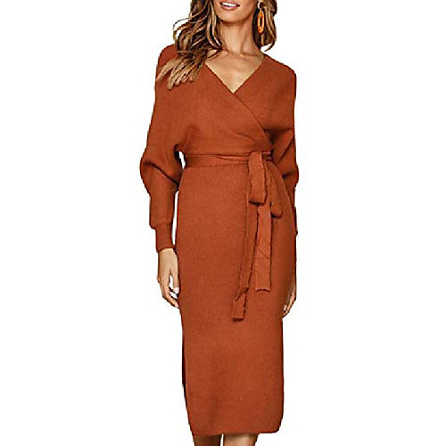 

womens bodycon dresses sexy backless cocktail v neck belted long batwing sleeves bodycon party dress (l, coffee)