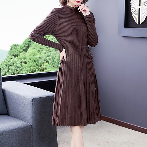 

Women's Sweater Jumper Dress Knee Length Dress Black Brown Long Sleeve Solid Color Patchwork Print Fall Round Neck Turtleneck Elegant 2021 M L XL XXL 3XL