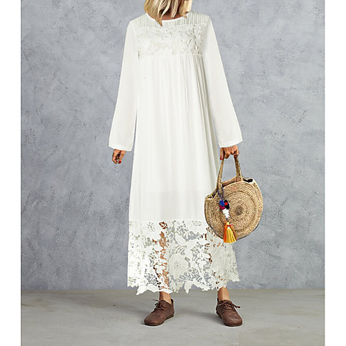 

Women's A Line Dress Maxi long Dress White Long Sleeve Solid Color Embroidered Fall Winter Round Neck Casual Cotton 2021 XS S M L XL XXL 3XL