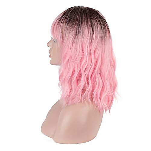 

short pink wig with bangs womens wig curly bob wig shoulder length synthetic wig heat resistant pastel wave daily party cosplay distinctive (14''ombre pink)