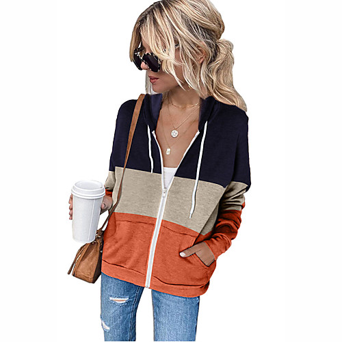 

Women's Hoodie Sweatshirt Color Block Zipper Daily Casual Hoodies Sweatshirts Black Blushing Pink Orange