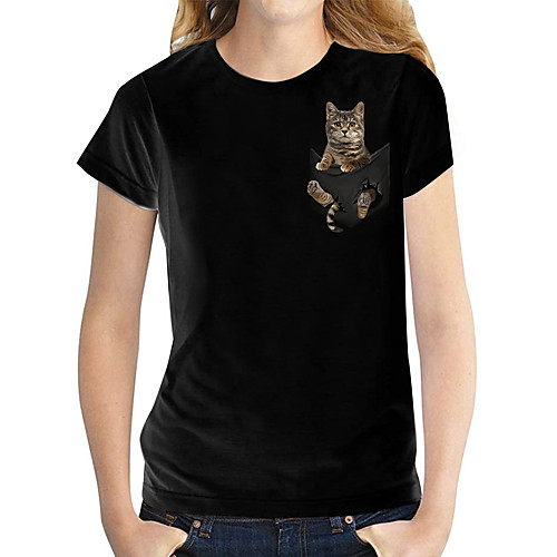 

Women's T shirt Cat 3D Graphic Prints Print Round Neck Tops Basic Basic Top White Black