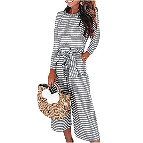

womens long sleeve striped romper jumpsuits, belted waist wide leg overalls with pockets (large, gray)