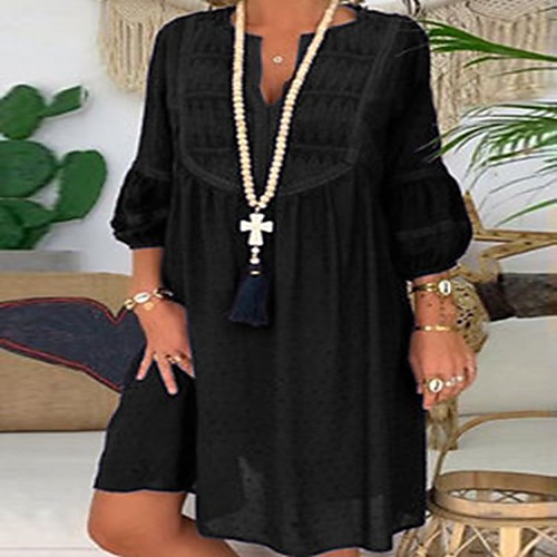 

Women's Shift Dress Knee Length Dress Black Green Long Sleeve Solid Color Lace Fall Casual Lantern Sleeve 2021 S M L XL XXL 3XL 4XL 5XL
